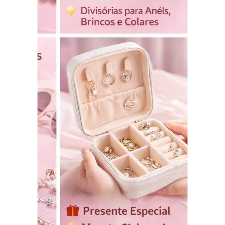Porta Joias Feminino Compacto com Zíper | Organizador de Anéis, Brincos e Colares para Viagem