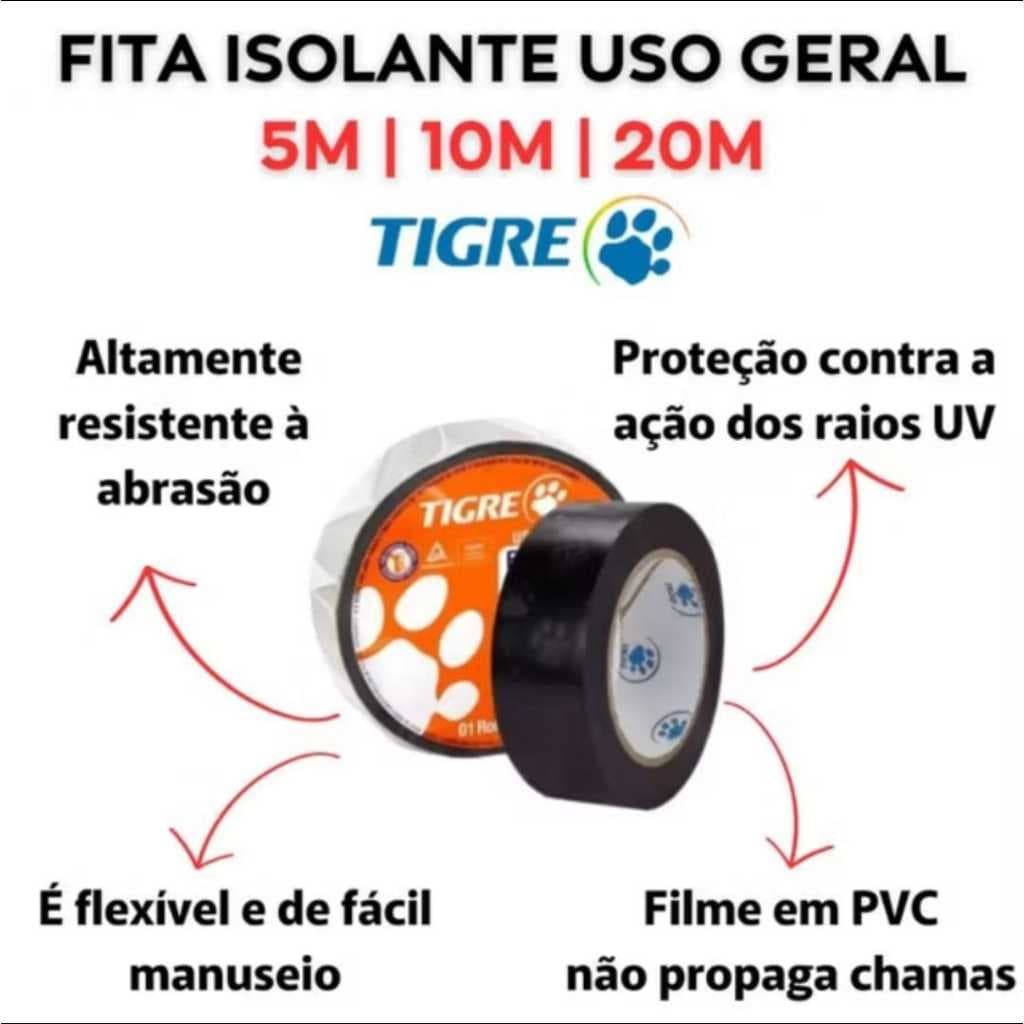 Fita Isolante Preta Anti Chamas Tigre 18mm - 5m, 10m e 20 metros - com 1, 2 e 3 UNIDADES