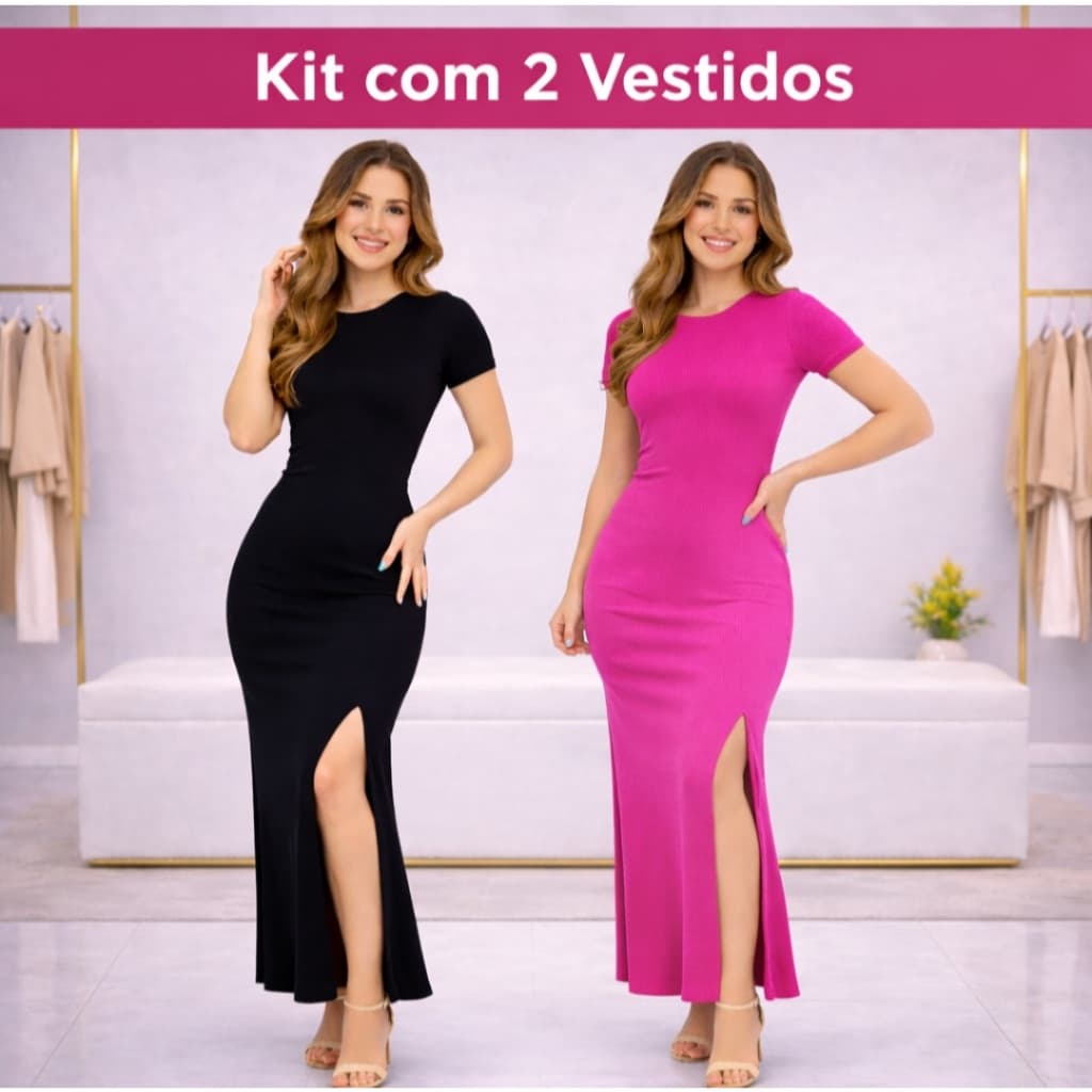 Kit 2 Vestido Midi Canelado Manguinha Com Fendas