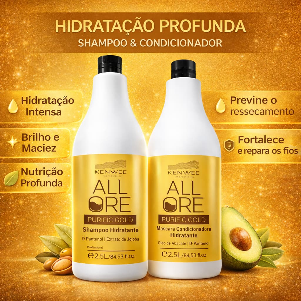Kit Profissional Shampoo e Condicionador All Ore Purific Gold Kenwee 2,5 lt