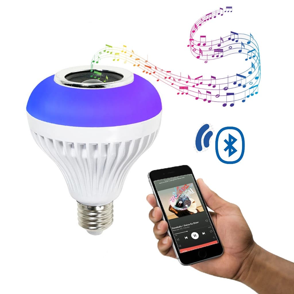 Lampada Led Inteligente Bluetooth Muda Cor Toca Música Usb