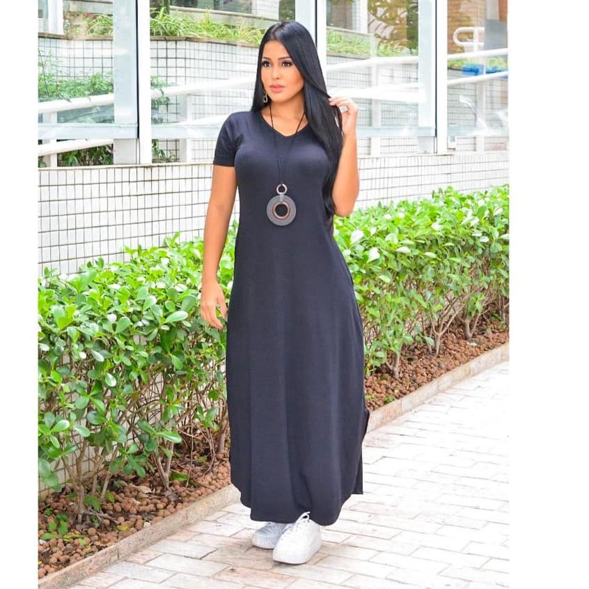 Vestido Longo Feminino moda evangelica com manga e bolso veste 38 a 44