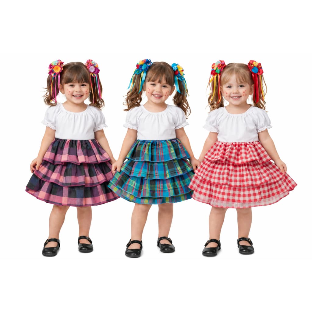 Saia Festa Junina Infantil Xadrez com Babados – Look Caipira Arraiá.