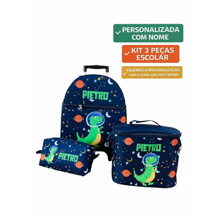 Kit Mochila 3 Peças Dino Astronauta de rodinhas carrinho personalizada com o nome