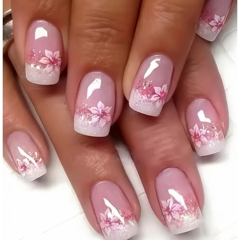 Conjunto de 24 Unhas Postiças com Ponta Francesa Brilhante e Detalhes de Borboleta - Quadradas Médias