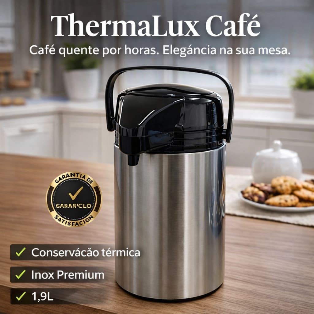 ThermaLux Café Garrafa Térmica Inox 1,9L Premium – Mantém Café Quente por Horas | Garrafa Térmica Grande para Casa e Esc