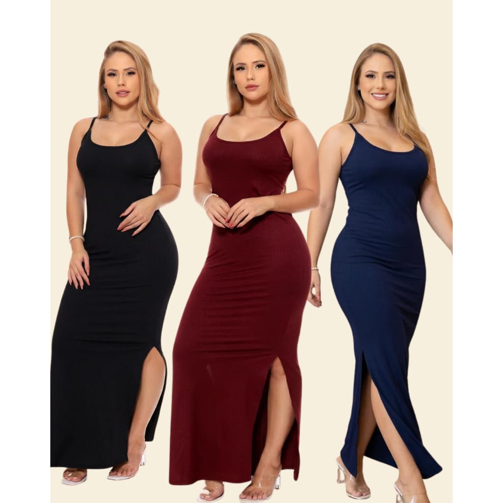 Kit 3 Vestido Canelado Longo Casual Alça Fenda Lateral Moda Casual Feminina