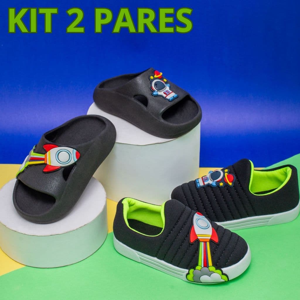 Kit 2 Pares Infantil Masculino Chinelo E Tênis Calce Fácil Lançamento Escolar Leve E Macio Promoção