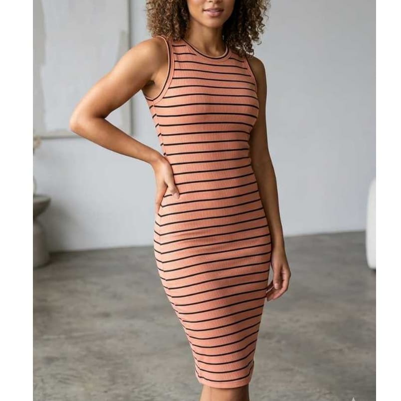 Vestido Feminino Midi Listrado Canelado Ribana Estilo Gringa Casual Chic