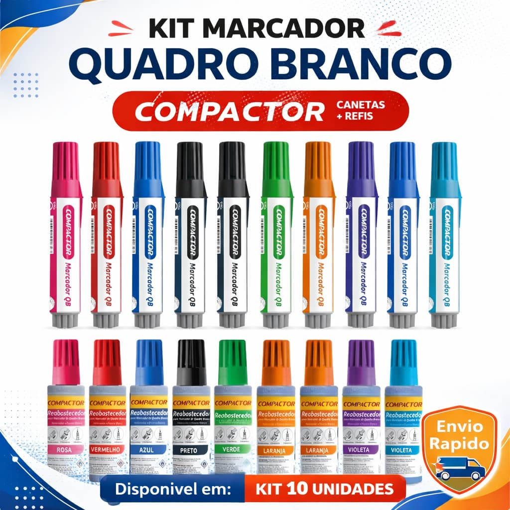 Marcador Quadro Branco Compactor Kit Canetas + Refis Reabastecedores | Escolar Escritório