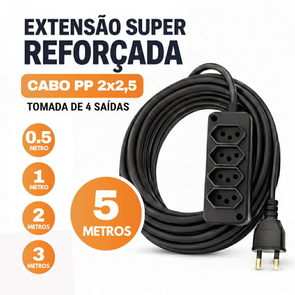 Extensão Elétrica Reforçada - 0,5/1/2/3/5 Metros Cabo PP 2x2,5 Certificada | 4 Tomadas 10A e 20A
