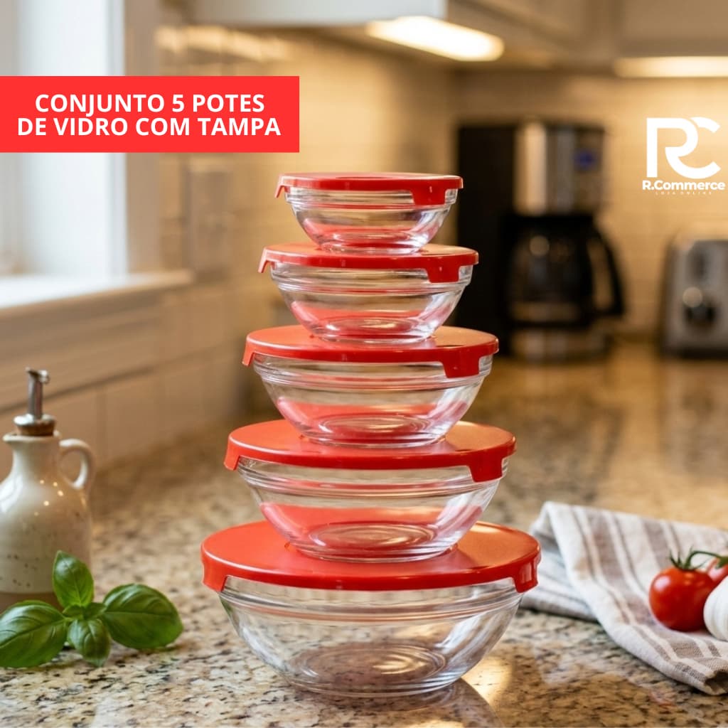 Kit Conjunto 5 Potes Vidro com Tampa Sortido Empilhável Conservação Alimentos Cozinha Sustentável