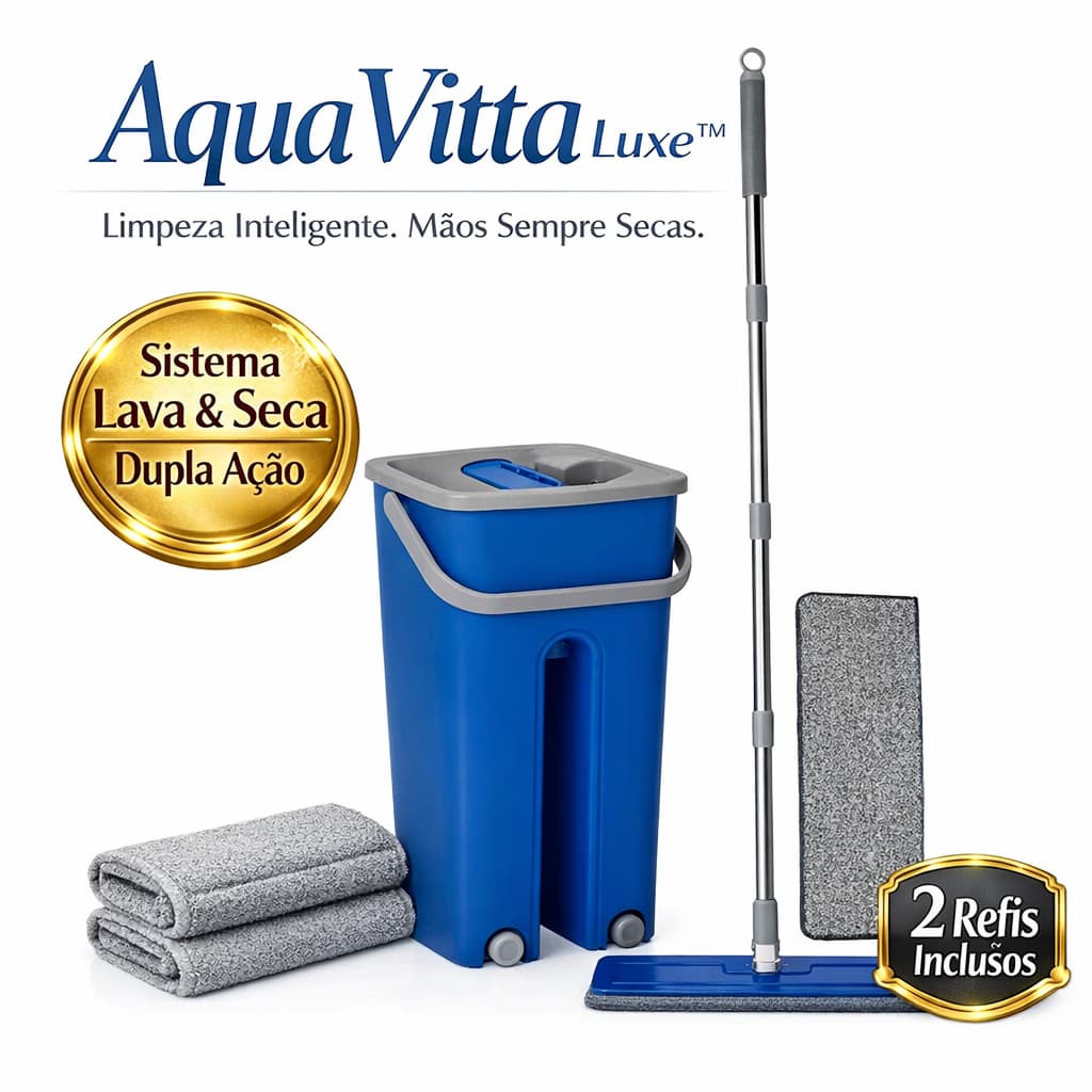 Mop Plano Lava e Seca com Balde Dupla Ação 2 Refis Microfibra AquaVitta Luxe™ Rodo Flat Automático.