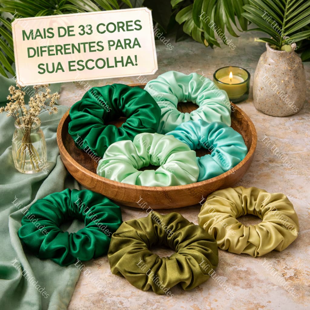 Kit 70 Xuxinhas de Cetim Charmousse Scrunchie Anti Frizz Luxo com Costura Embutida