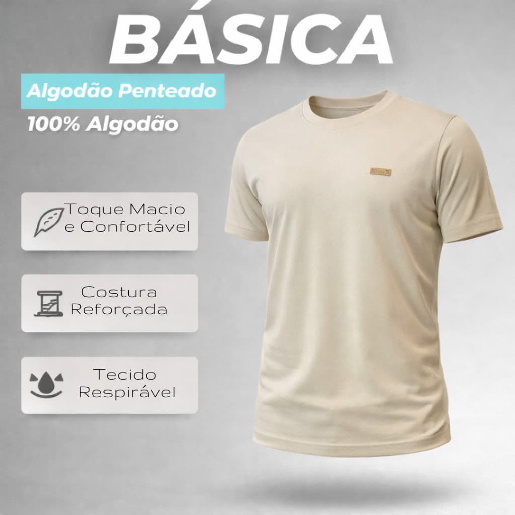 Camiseta Básica Masculina Bege - Algodão Penteado Premium