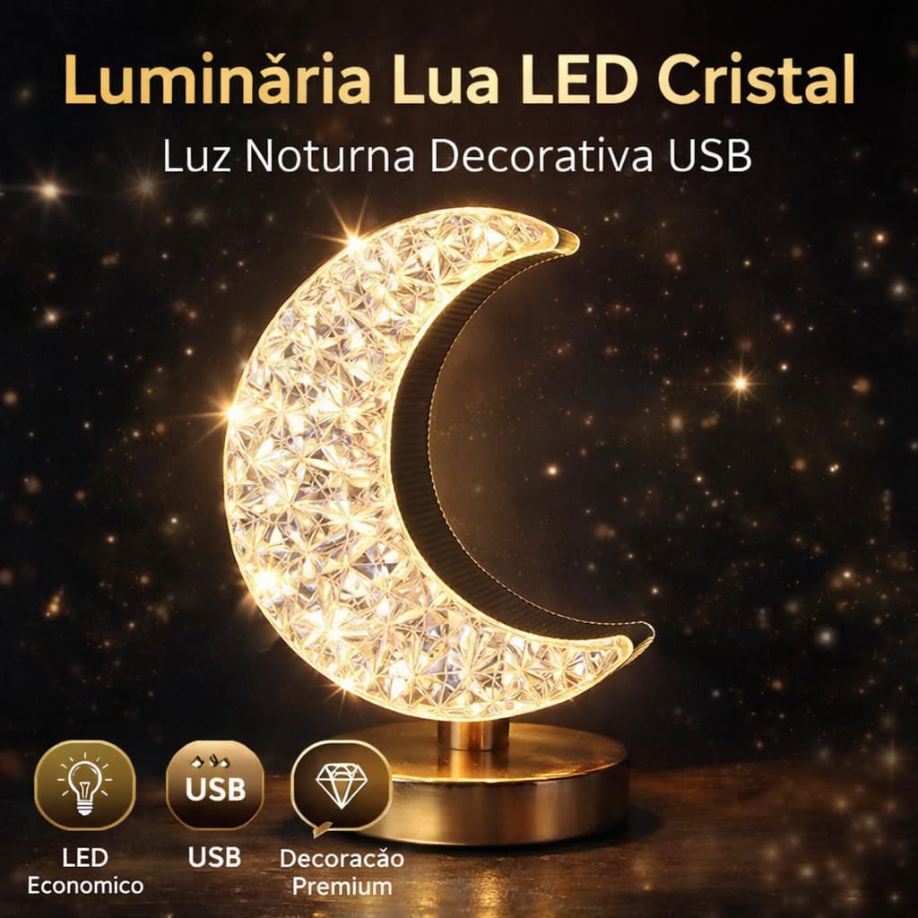 Luminária Lua LED Cristal USB Abajur Lua 3D Decorativo Luz Noturna Quarto Mesa Cabeceira Presente Decoração Luxo