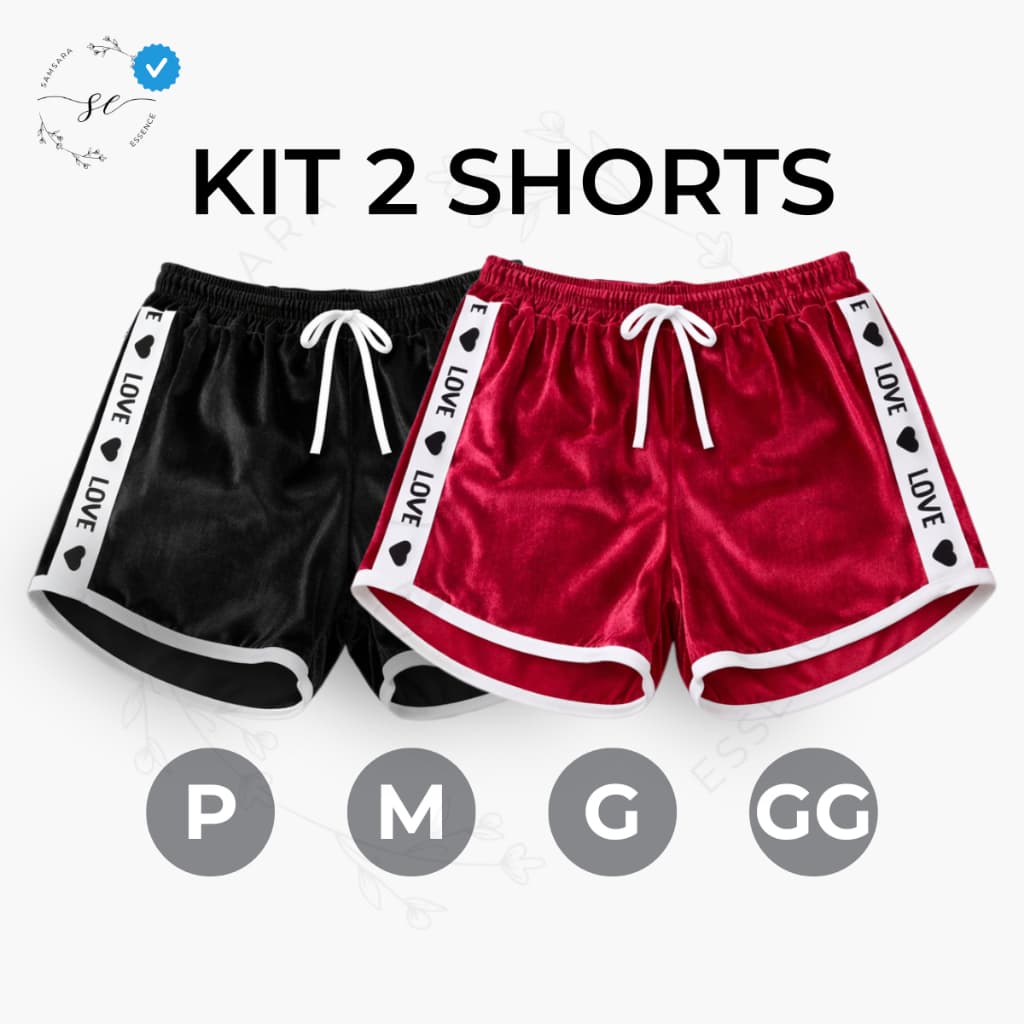 Kit 02 Short Feminino Love Tecido de Veludo com Elástico na cintura SUPER Macio e Confortável