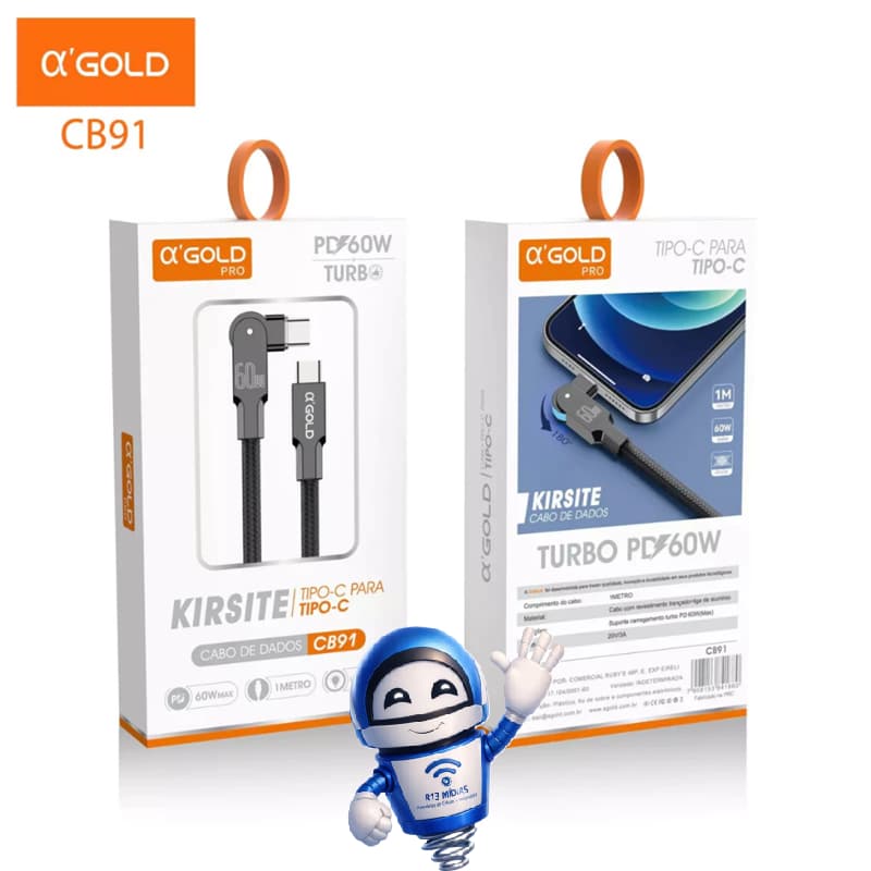 ⚡Cabo a’Gold PRO Tipo-C para Tipo-C PD 60W CB91 Turbo | Conector 90° Reforçado | 1 Metro