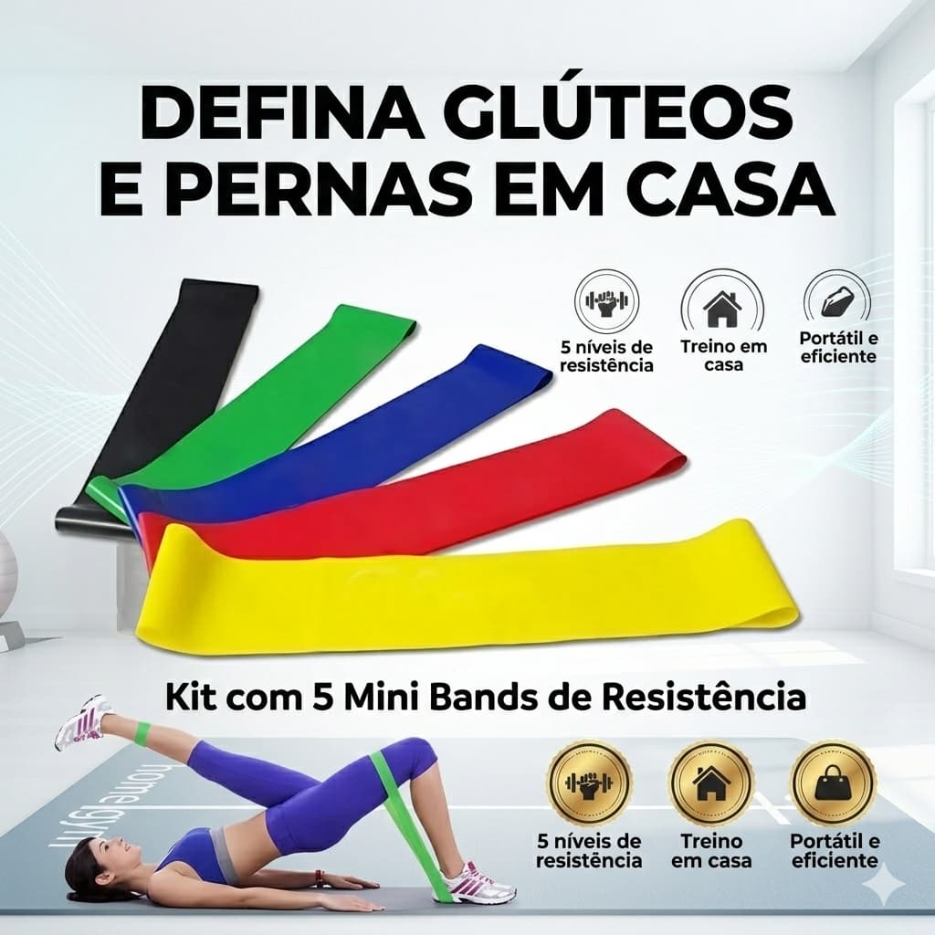 Kit 5 Faixas Elásticas Mini Band Treino em Casa Glúteos Pernas Academia Pilates Fisioterapia