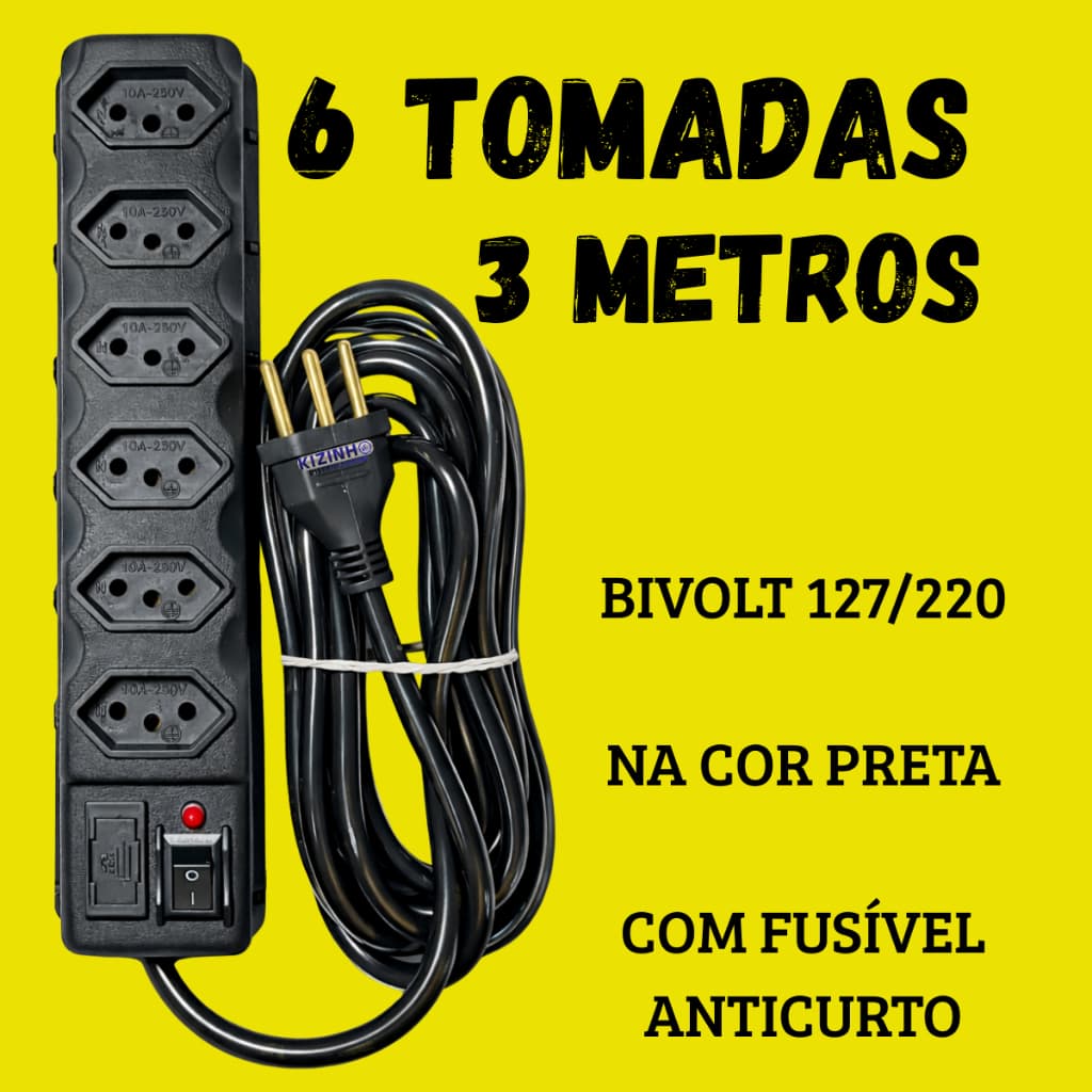 Filtro de Linha Régua 6 Tomadas Tripolar, Preto,10A, 3 Metros, Com Fusível de Proteção