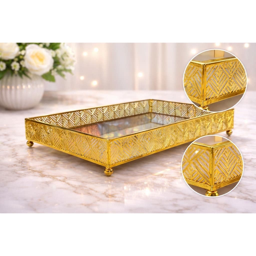 Bandeja Decorativa Retangular Espelhada Dourado Organizadora Multiuso Metal Dia das Mães