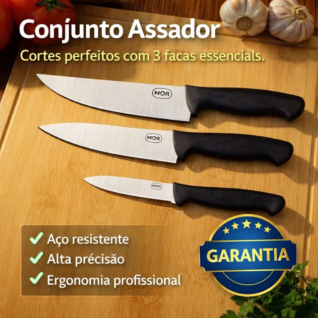 Conjunto 3 Facas de Cozinha Profissional Aço Inox – Chef, Carne e Legumes