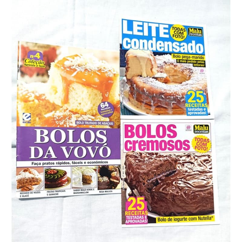 kit com 3 revistas de receitas, bolos e doces