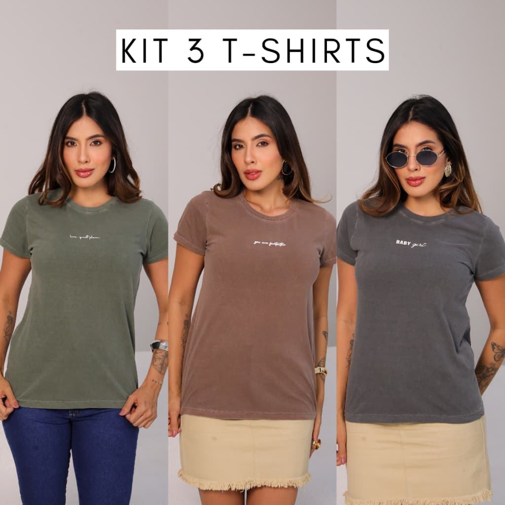 Kit 3 Camiseta T-shirt Feminina Estonada Macia Básica Estampada Verão 100% Algodão Streetwear