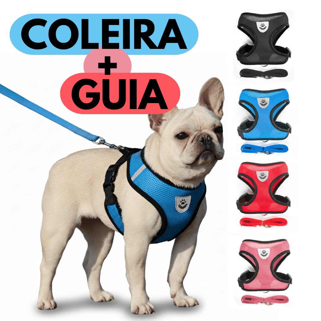 Kit Peitoral + Guia Regulável para Cachorro e Gato Ajustável Passeio Coleira Pet Filhote Dog