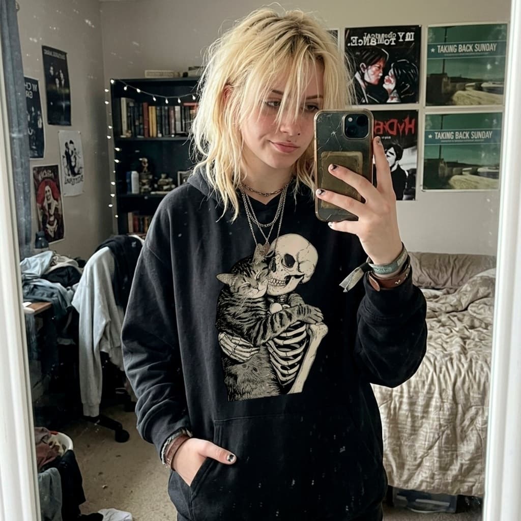 Moletom Caveira Cat Feminino Blusa de Frio Capuz Estilo Gótico Grunge Streetwear