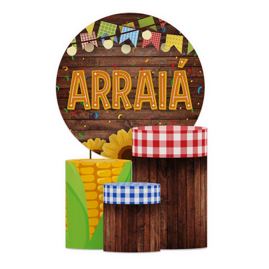 Kit Decoração Festa Junina Trio de Capa para Cilindro + Painel Tecido Sublimado Enfeite Festa Arraiá