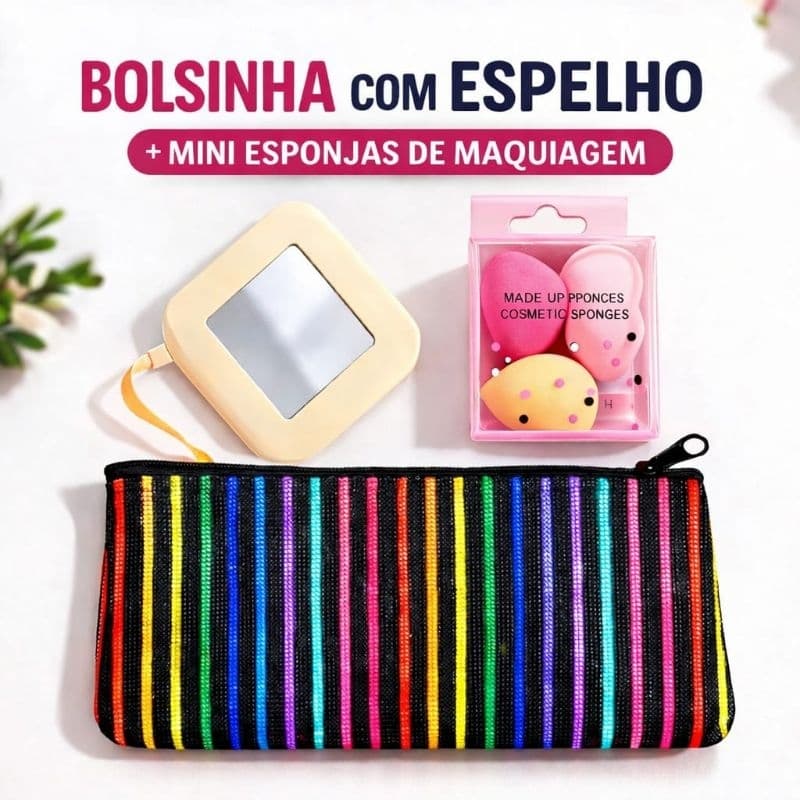 bolsinha de maquiagem com espelho e mini esponjas de maquiagem