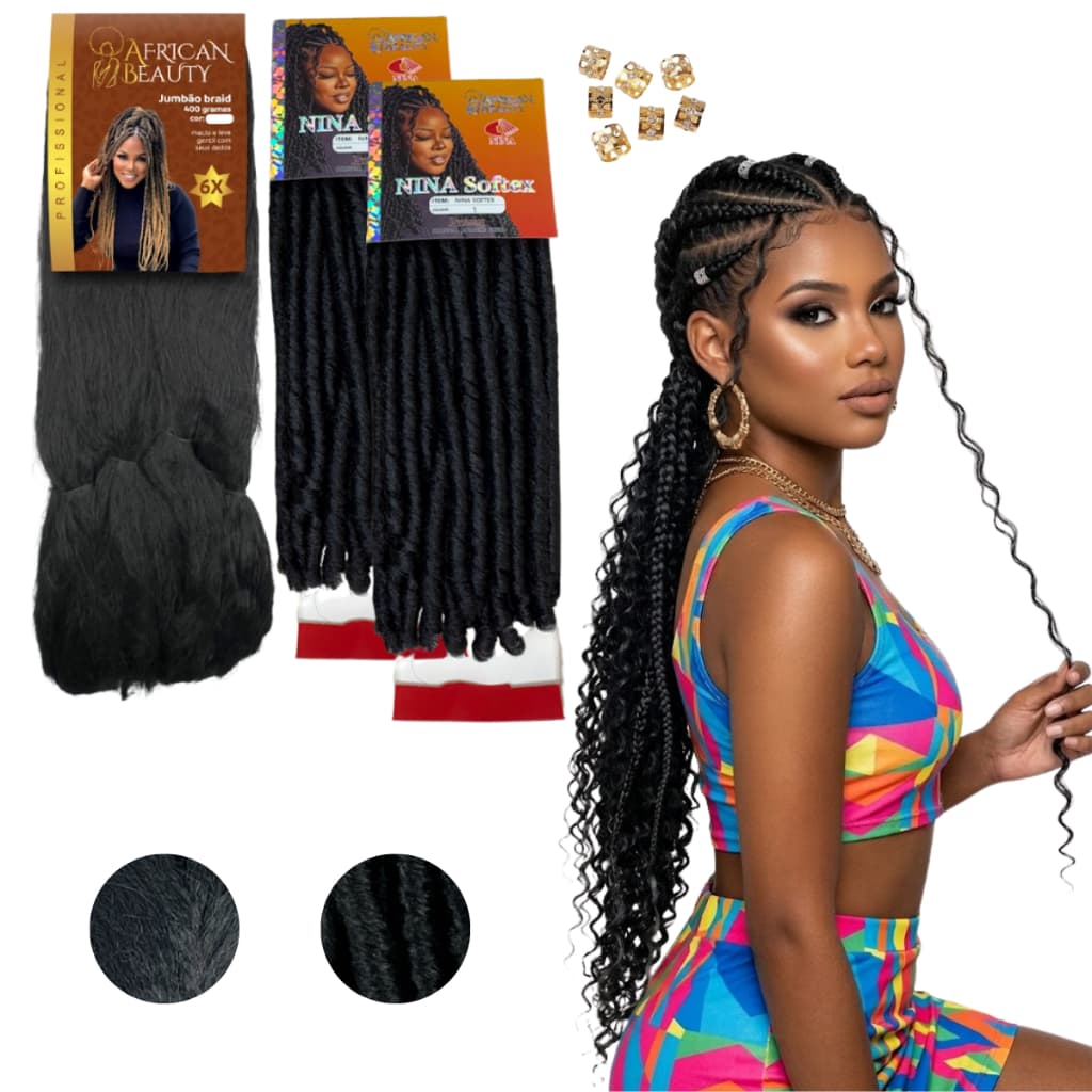 Kit Jumbo 400 gramas African Beauty + 2 Nina Softex Crochet Braids 100 gramas