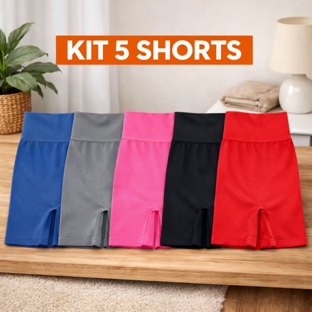 Kit 5 Shorts Feminino Academia Canelado Sem Costura Cintura Alta Fitness