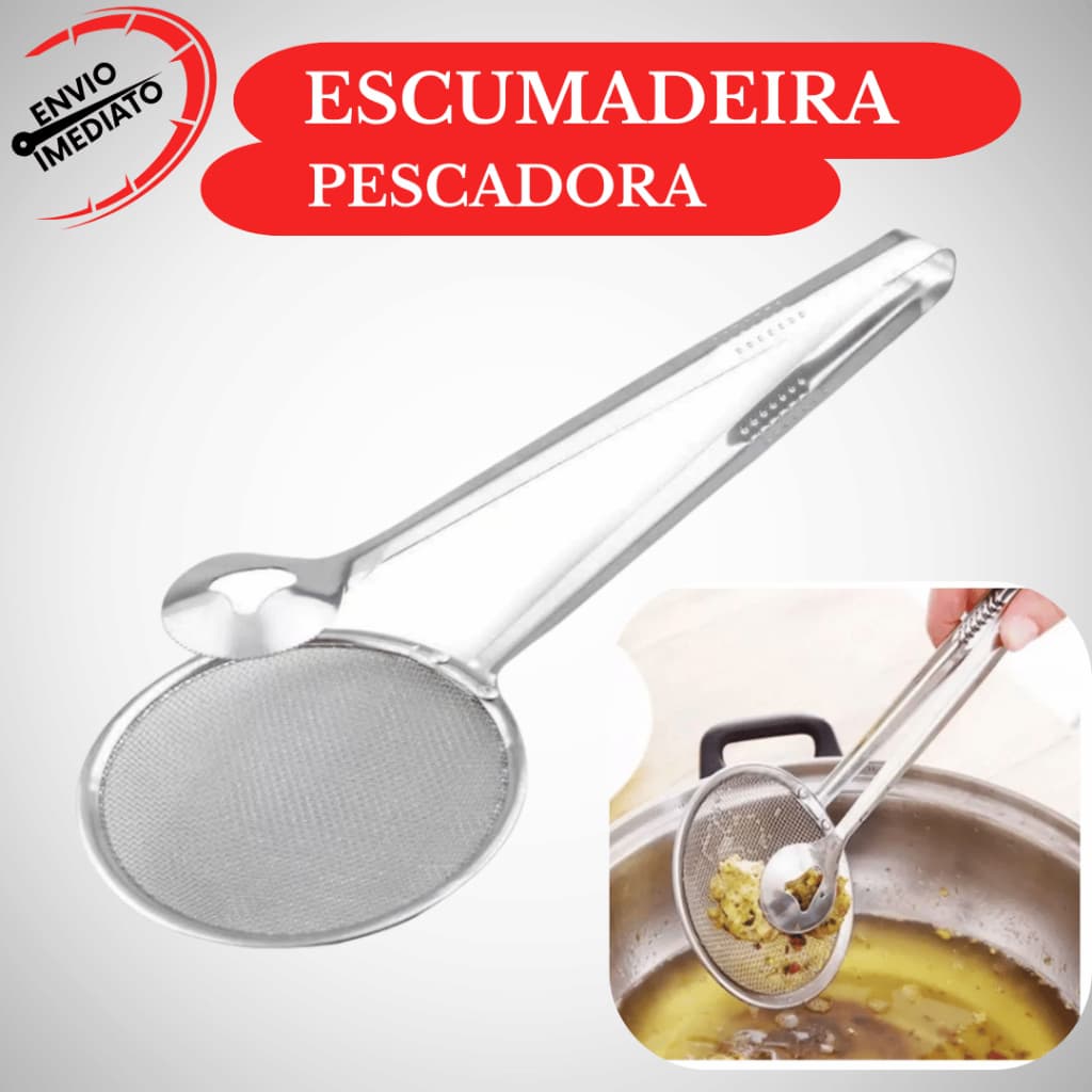 Escumadeira Pescadora Inox para Cozinhas Escumadeira para Fritar Escumadeira com Pinça