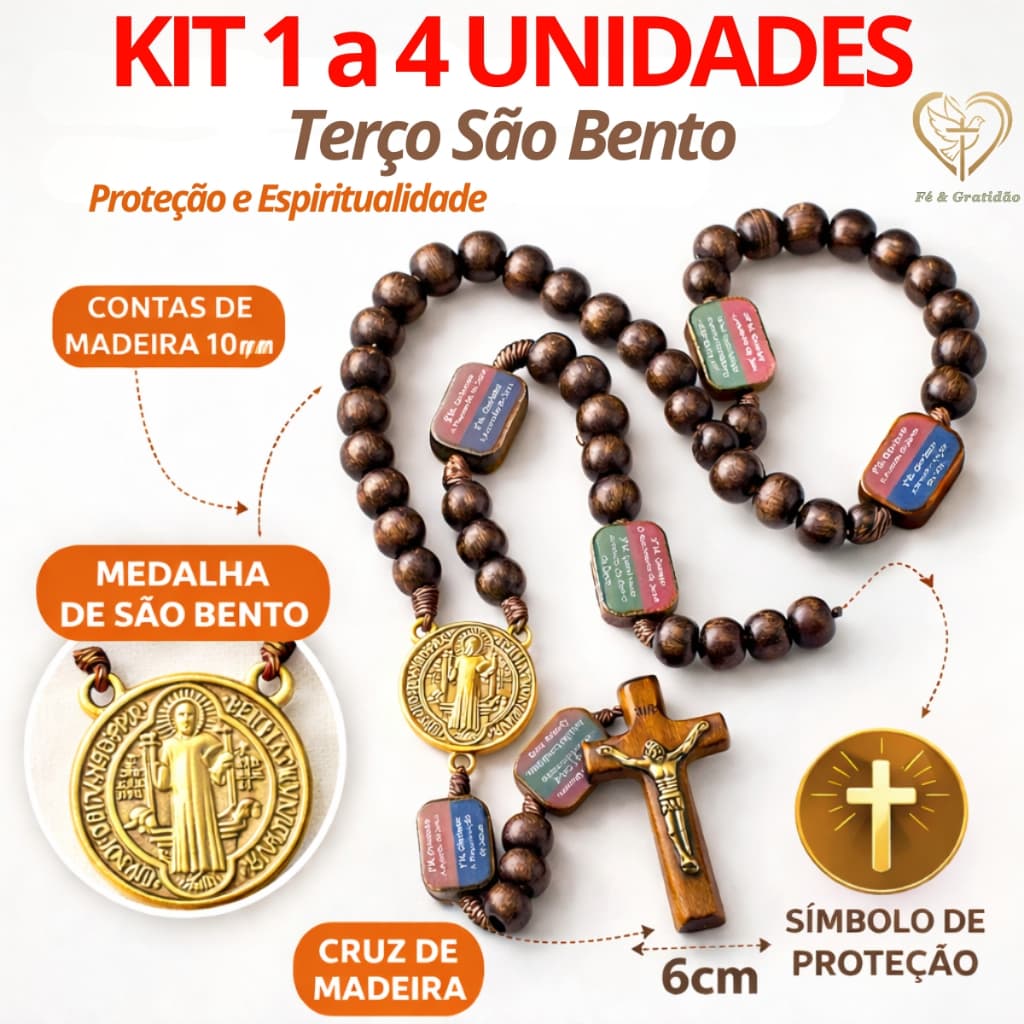 1 a 4 Terços Madeira Contemplação Dos Mistérios São Bento Católico Proteção e Fé Oferta Mais Vendido
