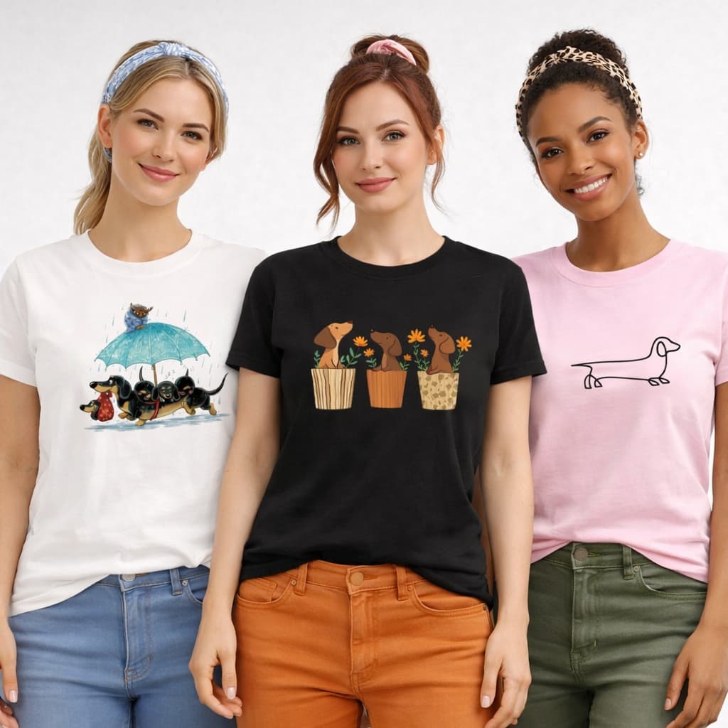 Camiseta Feminina Off-White Várias Estampas Cachorro Salsicha Dachshund Pets Animais Camisa Rosa T-shirt