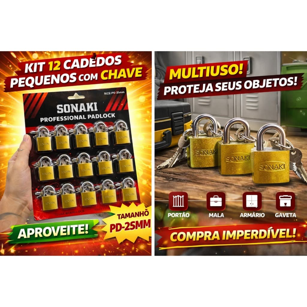 Kit 12 Cadeados Pequenos 25mm com Chave Cadeado Segurança Portão Armário Mala