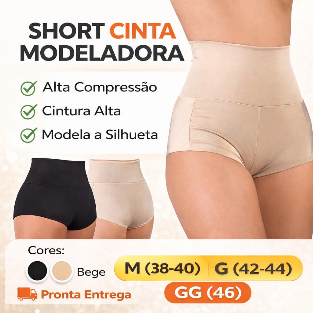 Short Cinta Modeladora Alta Compressão Cintura Alta Suplex Modela Barriga