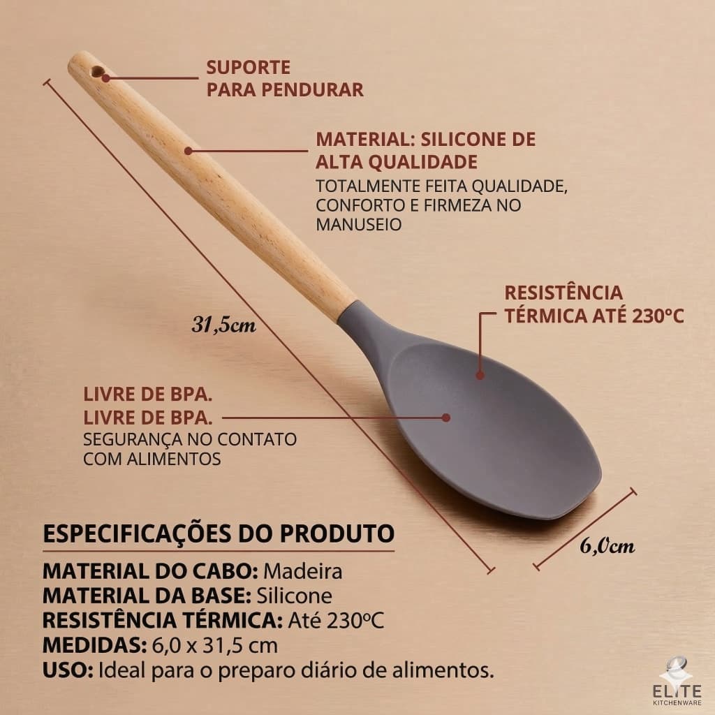 Espátula Pá de Silicone Cabo de Madeira Cinza 31cm Coberturas Fechada