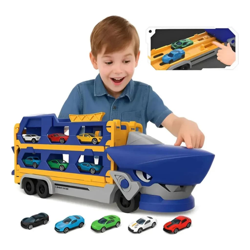 Pista De Carrinhos Caminhão Transporte tubarão Ultimate Cegonha Maleta com 6 carrinhos