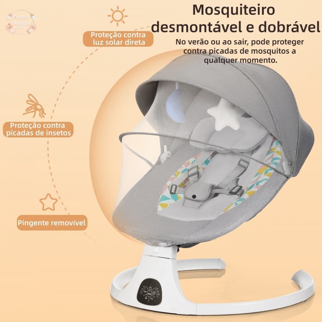 Cadeira Balanço Bebê Elétrica Musical Bluetooth Cinza Mosquiteiro Timer