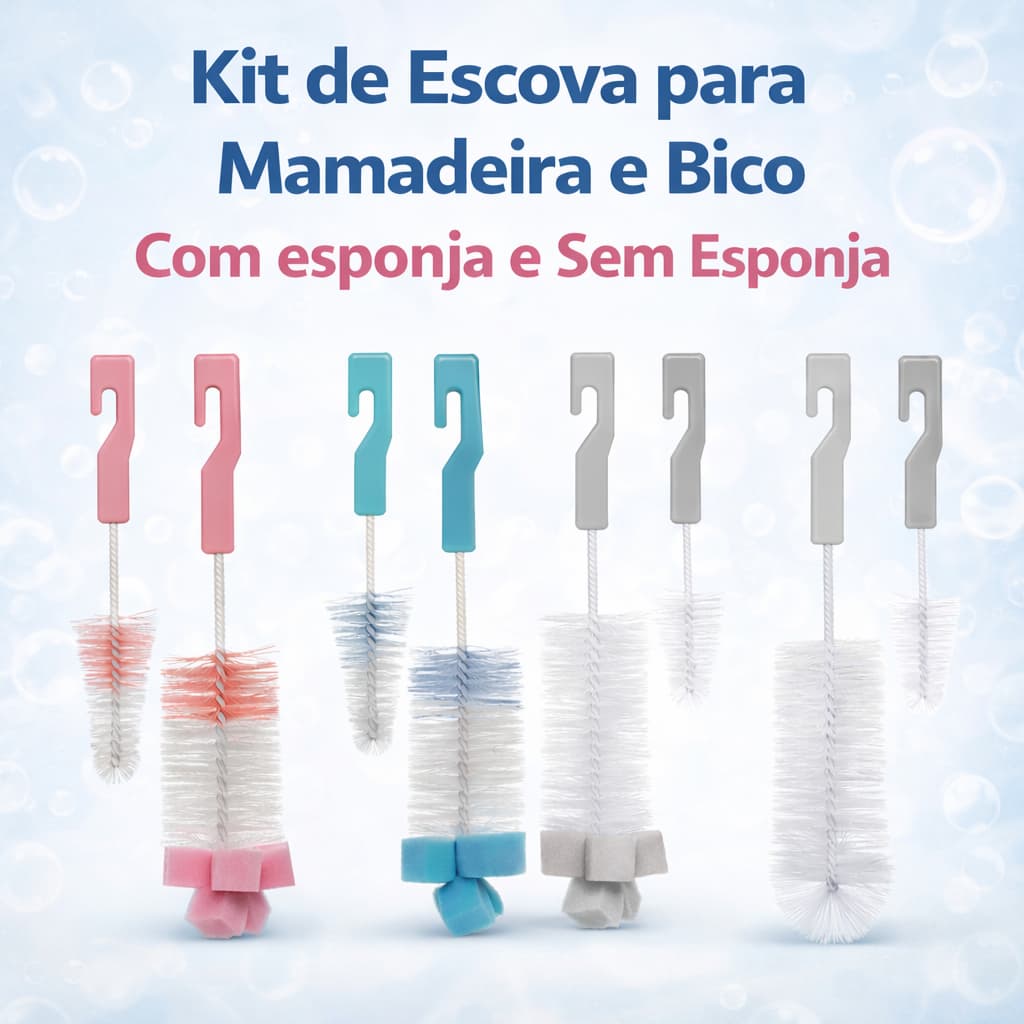 Kit Escova Para Lavar Mamadeira e Bico Com Esponja Buba Bebês Limpeza Profunda Livre de BPA