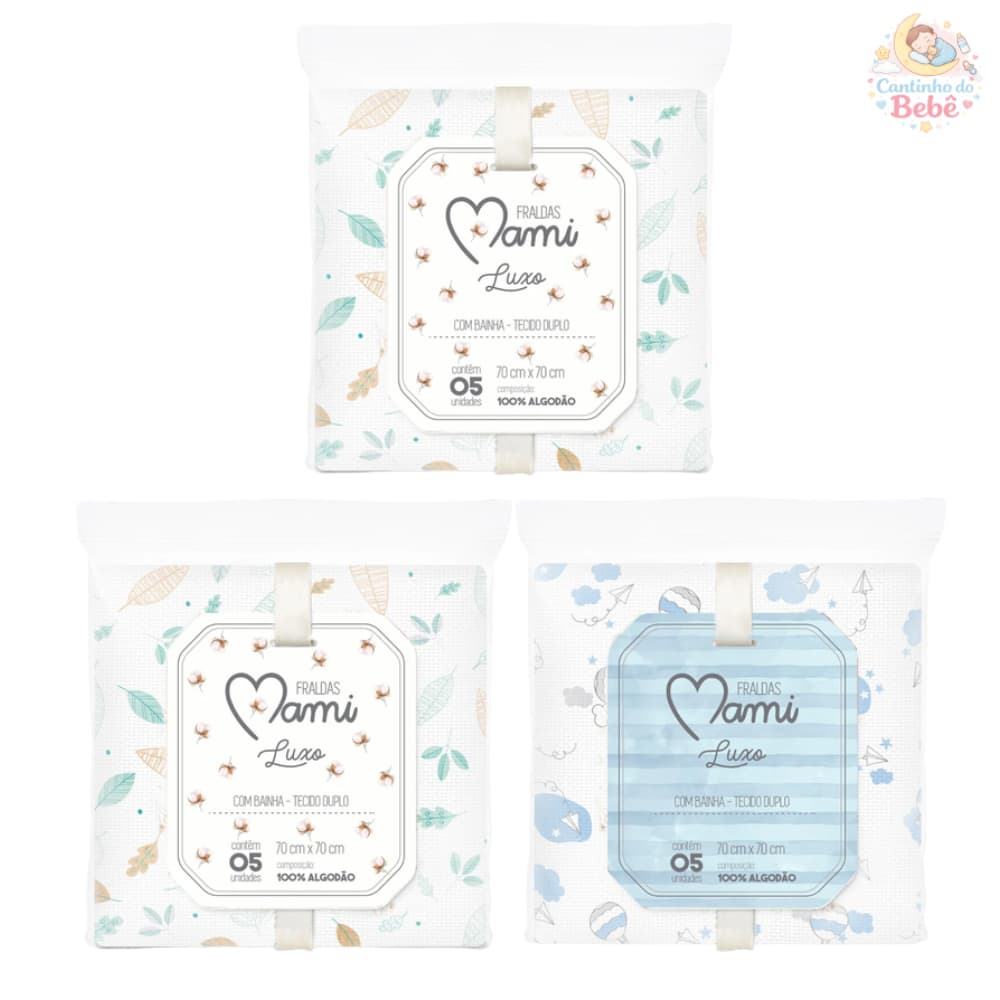 Fralda Luxo Papi Mami 68x68cm com Bainha Estampada – Kit 5 Fraldas de Pano para Bebê