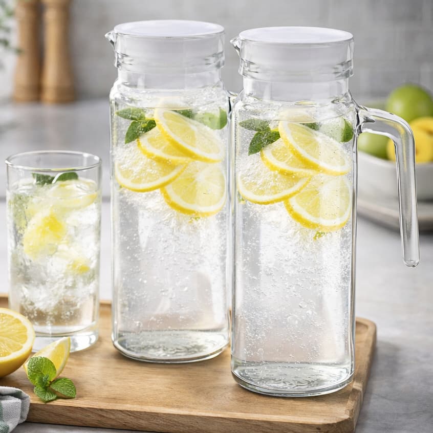 Kit 2 Jarras De Vidro 1L Com Tampa Alça Resistente Para Suco Água Geladeira Bebidas Cozinha Premium.
