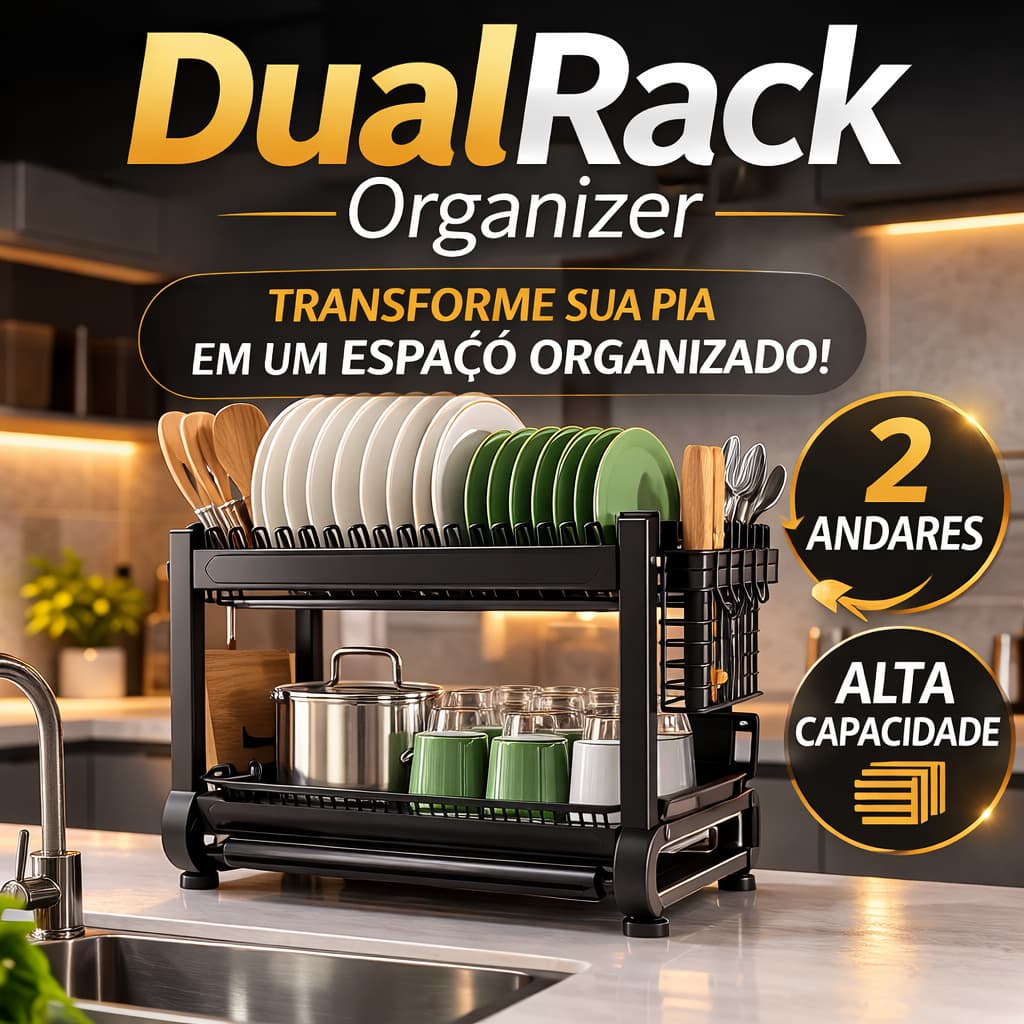 Escorredor Louça 2 Andares Organizador Cozinha Porta Pratos Copos Talheres Preto DualRack