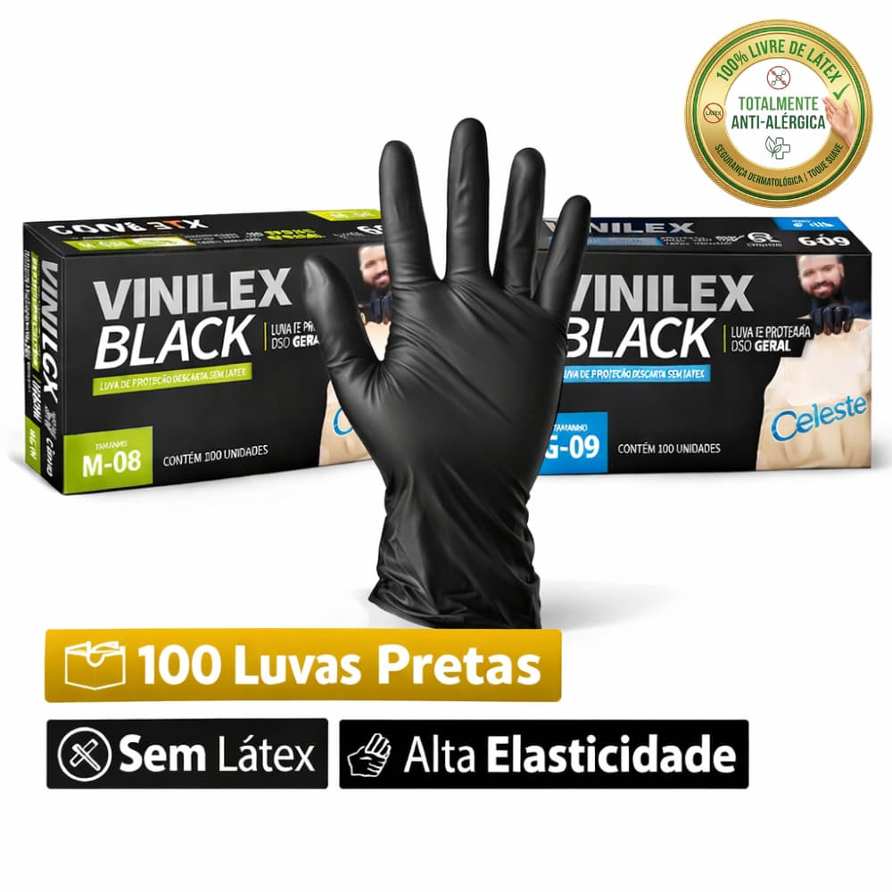 Luva Vinilex Preta Descartável 100 Unidades Sem Látex Livre de Pó TPE Cozinha Barbearia Estética
