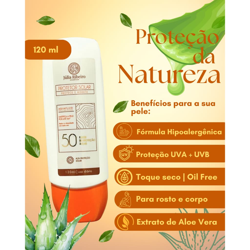 PROTETOR SOLAR JULIA RIBEIRO COSMÉTICOS 50 FPS, FACIAL E CORPORAL, TOQUE SECO, ANTIOLEOSIDADE OIL FREE, VEGANO - 120ML