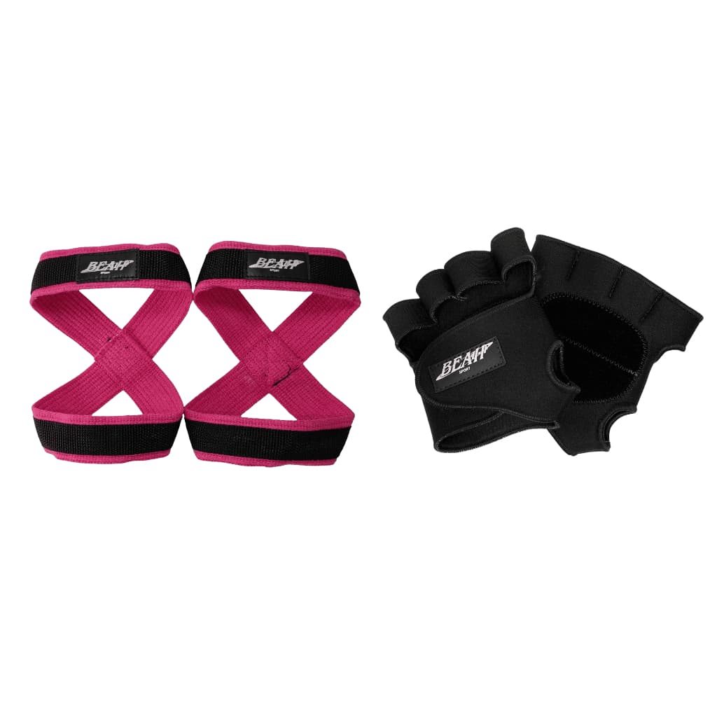 Kit 1 Par De Luvas De Academia Preto + 1 Par de Talas Straps 8 Rosa Para levantamento de peso