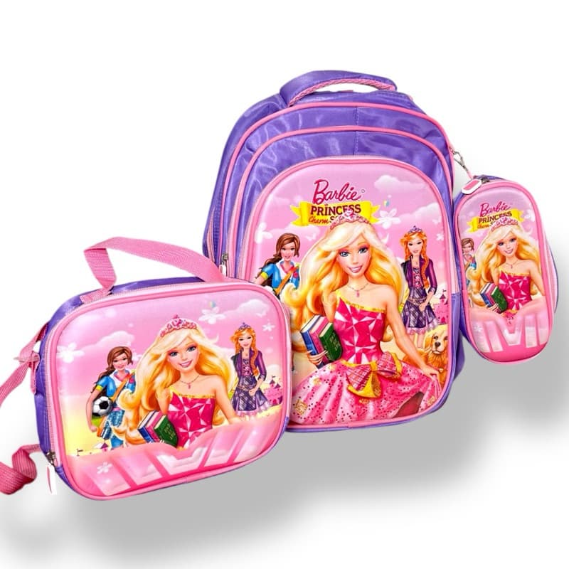 Kit Mochila Escolar Infantil Barbie Kit mochila grande Costas Lancheira Térmica e Estojo 3D